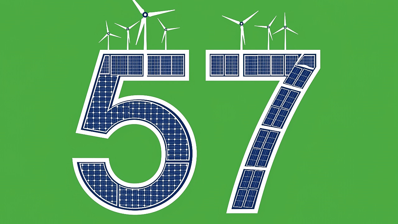 Het getal 57 gemaakt met zonnepanelen en windturbines tegen een groene achtergrond (AI-gegenereerd met Adobe Firefly)