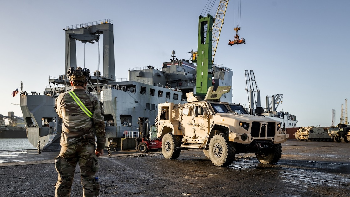 US Army equipment is being offloaded in Vlissingen (Flushing) harbour, the Netherlands, for further transport via road, rail and waterways to Poland and Lithuania, for a NATO reinforcement exercise, January 2023. (Photo: ANP/Remko de Waal)