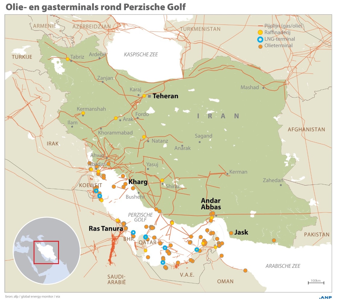 Sprong vooruit naar maart 2026: op dit kaartje staan de huidige olie- en gasinstallaties (alle landen en bedrijven) in de Perzische Golf-regio