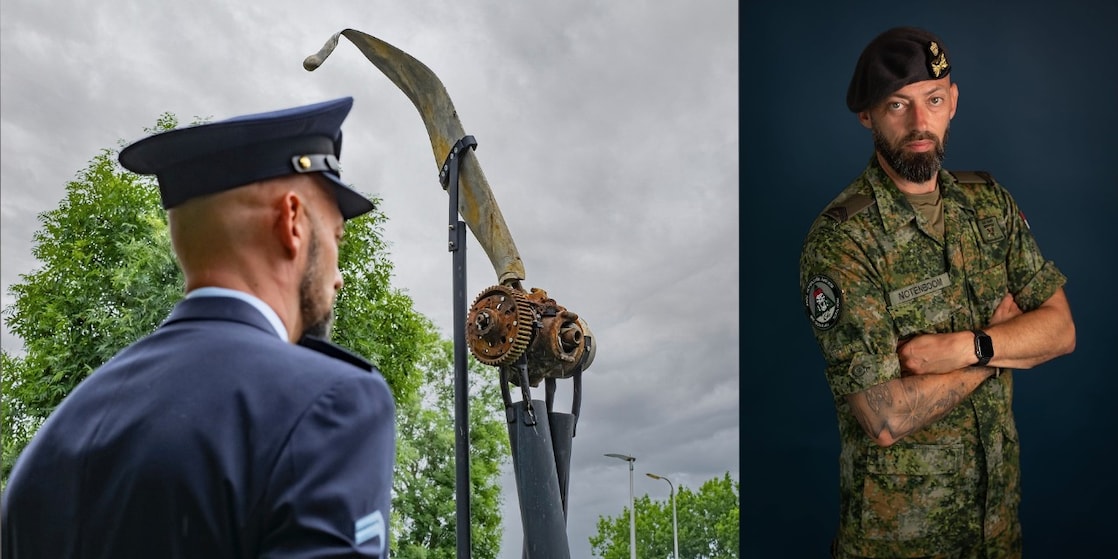 Dennis Notenboom in the Royal Netherlands Air Force’s standard uniform (left) and battledress (right). (Photos via Dennis Notenboom/Kramer Fotografeert)