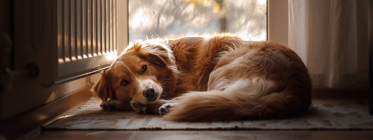 Een hond bij de radiator (AI-gegenereerd beeld met Adobe Firefly)