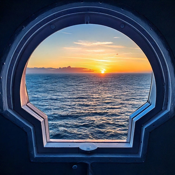 Patrijspoort in Shell-pectenvorm met zicht op de horizon en zonsopgang of -ondergang (AI-gegenereerd beeld)