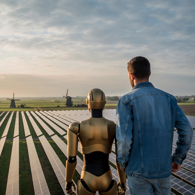 Een man en een robot kijken uit over een typisch Nederlands landschap, met een veld met zonnepanelen en ouderwetse windmolens verder weg (foto AI-gegenereerd met Adobe Firefly)
