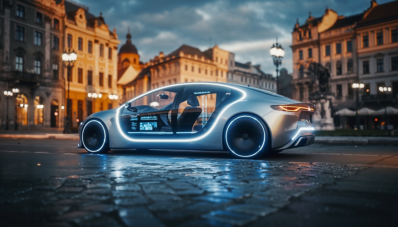 Toekomstmuziek in de Europese steden: de zelfrijdende auto (AI-gegenereerd beeld met Adobe Firefly)