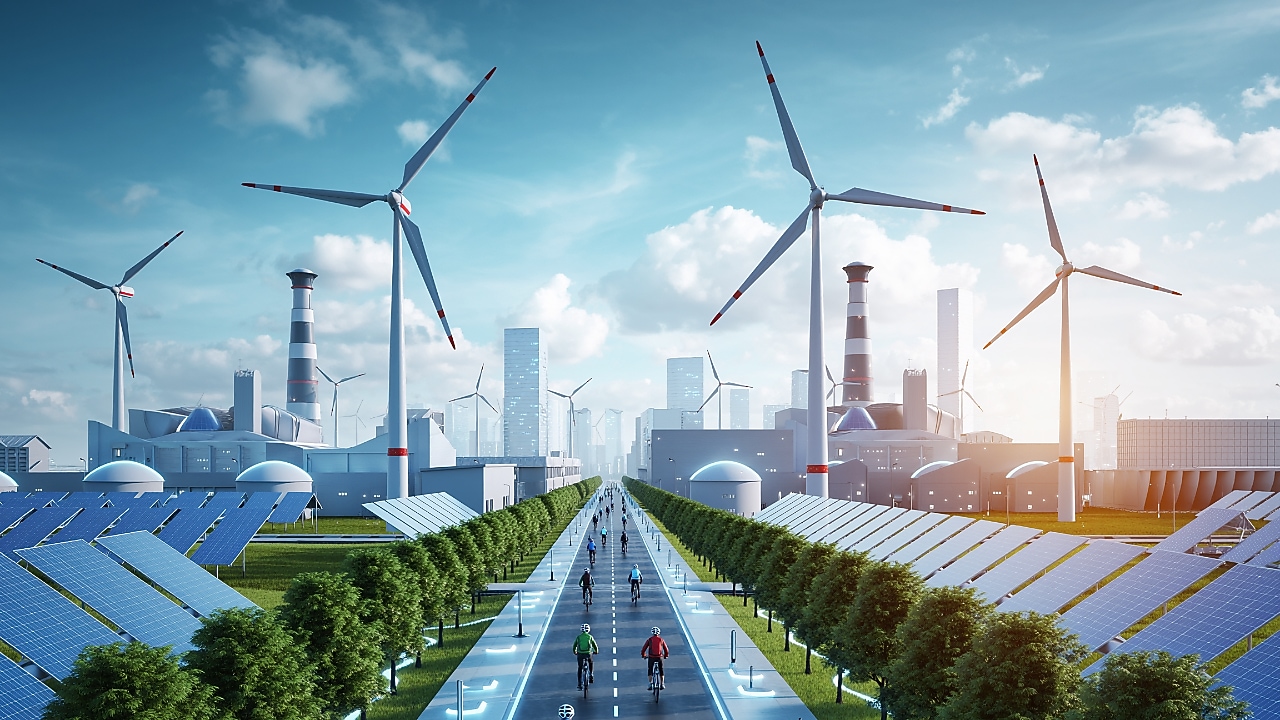 Een futuristisch beeld van fabrieken, windturbines, zonnepanelen en opslag in een landschap met fietsers op weg van/naar het werk (AI-gegenereerd beeld met Adobe Firefly)