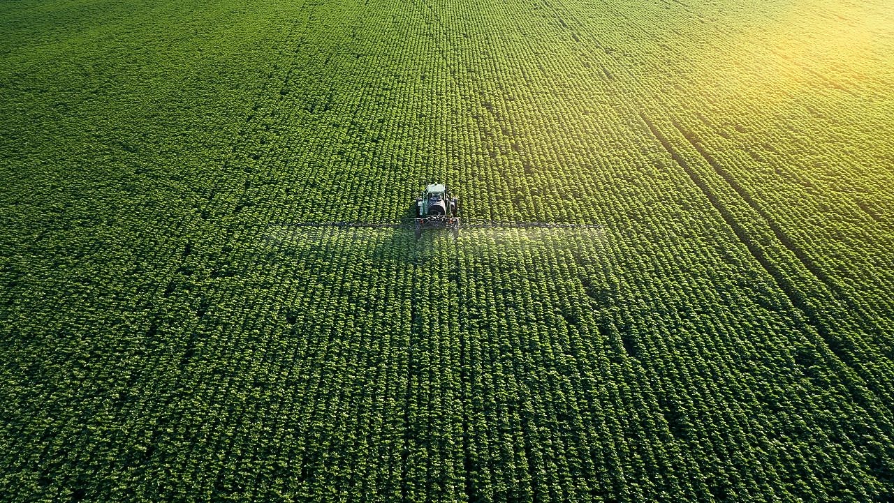 A crop sprayer in a green field of agricultural produce