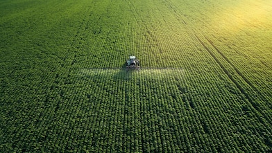 A crop sprayer in a green field of agricultural produce