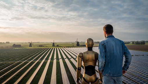 Een robot en een man kijken uit over een typisch Nederlands polderlandschap, met windmolens en zonnepanelen (AI-gegenereerd met Adobe Firefly)