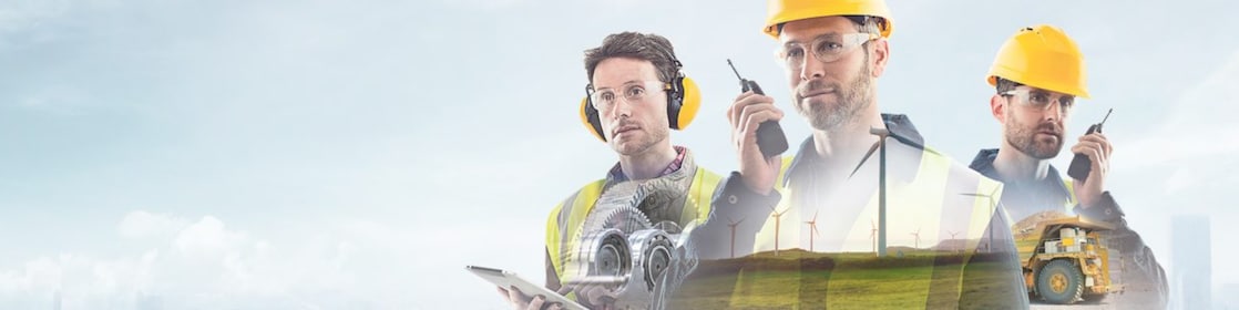 three workers on radios and reading documents, transposed over a background of blue sky with light clouds