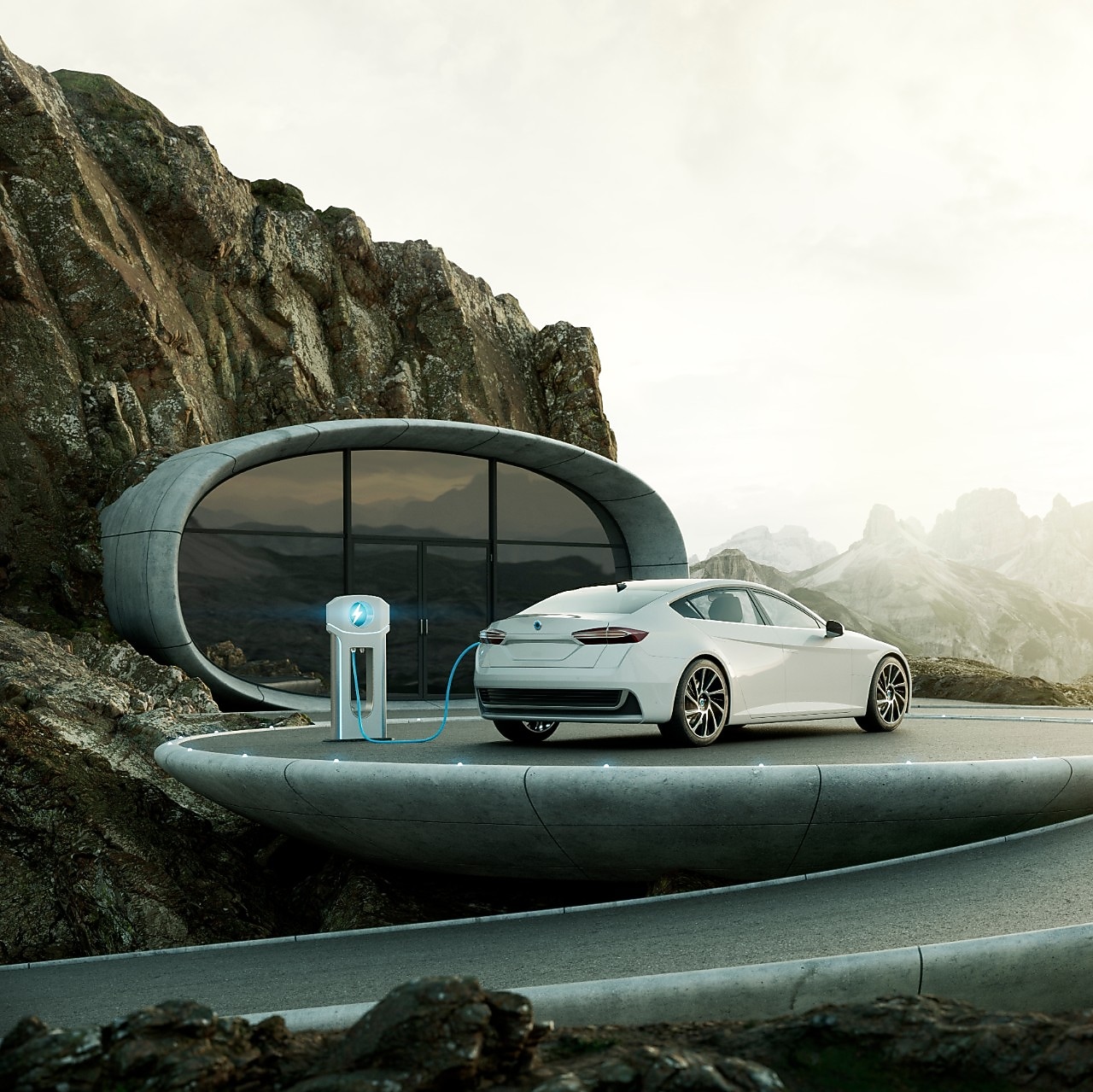 Witte elektrische auto in een Scandinavische omgeving met windturbines