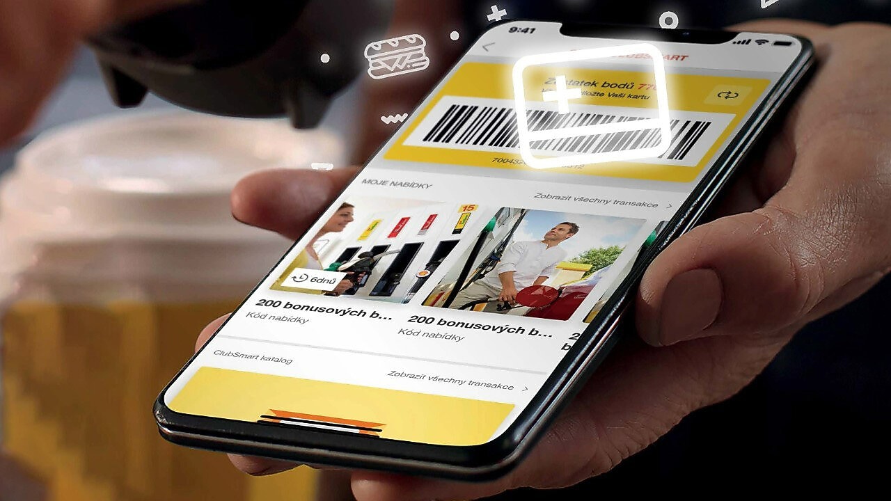 Een mobiele telefoon met een lichtgevend logo van SmartPay