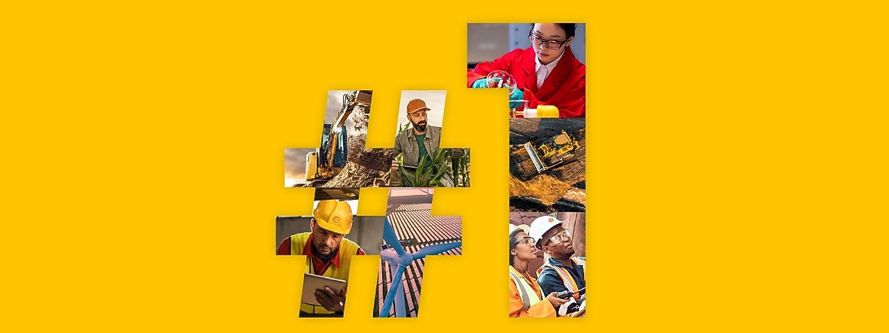 #1 met gele achtergrondkleur en in het getal beelden van toepassingen van smeermiddelen